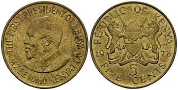 Кения 5 центов 1978 Джомо Кениата KM 10 никель латунь 4135-937
