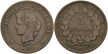 Франция 5 сантимов 1897 A, Третья республика (1871-1940) KM 821.1, Le Franc 118.6 бронза 51-821