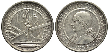 САН-МАРИНО 5 ЛИР 1935 KM 9 серебро 27-143