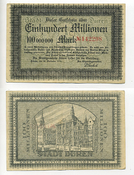 ДЮРЕН 100000000 МАРОК 1923 НОТГЕЛЬД, 18 СЕНТЯБРЯ 1923 бумага 6289-14-2