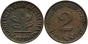ФРГ 2 пфеннига 1970 D KM 106а, J.381а сталь плакированная медью 99-164