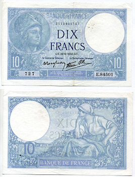 Франция 10 франков 1941 19 июня 1941, Минерва Pick 84 бумага 00-00