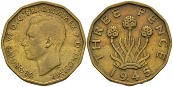 Великобритания 3 пенса 1945 Георг VI (1936-1952) KM 849, Spink 4112 никель латунь 4153-726
