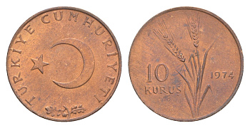 Турция 10 курушей 1974 KM 891.3 бронза UNC 4647-565