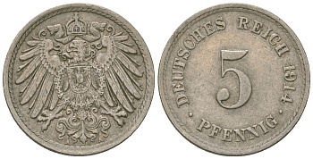 ГДР 5 пфеннигов 1914 A, KM 11, J. 12 медно-никель 3458-1125