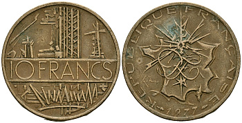Франция 10 франков 1977 тип Матье KM 940, Le Franc 365.9-10 никель латунь 4120-512