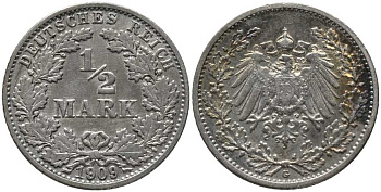ГЕРМАНИЯ 1/2 МАРКИ 1909 G KM 17, J. 16, Weege 16 серебро 4448-757