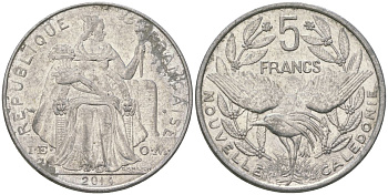 Французская Новая Каледония 5 франков 2014 птица кагу, (IEOM) KM 16, Schoen 12, Lec 81k алюминий 4117-345