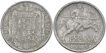 Испания 10 сентимо 1945 Франсиско Франко (1939 - 1975) KM 766 алюминий 4155-235