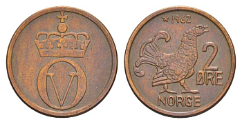 Норвегия 2 эре 1962 Улаф V (1957-1991) KM 410 бронза 4635-337