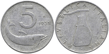 ИТАЛИЯ 5 ЛИР 1955 R, РУЛЬ, ДЕЛЬФИН KM 92 алюминий 89-1536