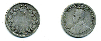 Канада 10 центов 19ХХ ГЕОРГ V серебро 46-1052