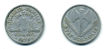 ФРАНЦИЯ 1 ФРАНК 1944 ТИП LEGERE, ПРАВИТЕЛЬСТВО ВИШИ KM 902.1, LE FRANC 223.5 алюминий 84-443