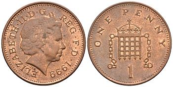 Великобритания 1 пенни 1999 Елизавета II (1952-2022) KM 986, Spink 4710 (B5) сталь плакированная медью 4609-542