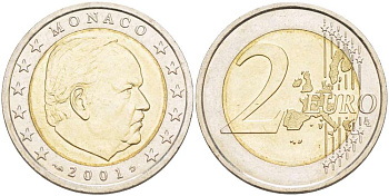 Монако 2 евро 2001 принц Ренье III KM 174 биметалл UNC 4517-722