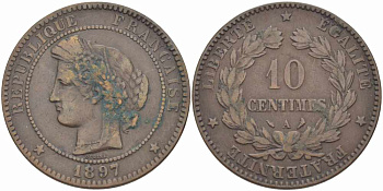 ФРАНЦИЯ 10 САНТИМОВ 1897 A, ТРЕТЬЯ РЕСПУБЛИКА (1871-1940) KM 815.1, LA FRANC 135.44 бронза 109-112