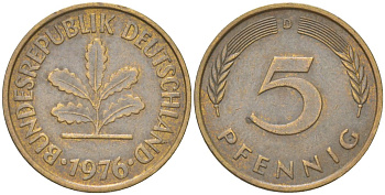 ФРГ 5 пфеннигов 1976 D KM 107 сталь плакированная латунью 4613-1227