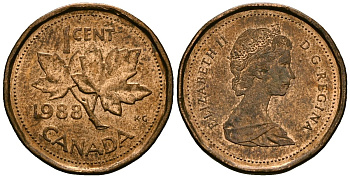 Канада 1 цент 1988 Елизавета II (1953-), кленовый лист KM 132 бронза 4173-1166