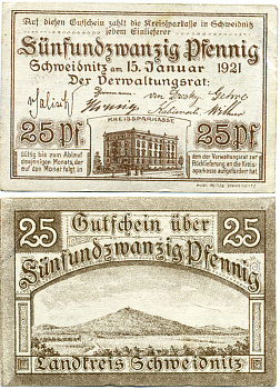 ШВЕЙДНИЦ (СВИДНИЦА ПОЛЬША) 25 ПФЕННИГОВ 1920 НОТГЕЛЬД, 15 ЯНВАРЯ 1921 Grabowski S61.3b бумага 7551-39-1-2