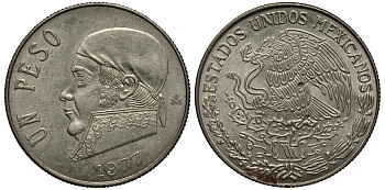 Мексика 1 песо 1977 Хосе Мария Морелос, тонкие цифры даты KM 460 медно-никель VF+ 215-921