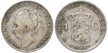 Нидерландское Кюрасао 1 гульден 1944 D, Вильгельмина (1890-1948) KM 45 серебро 36-231
