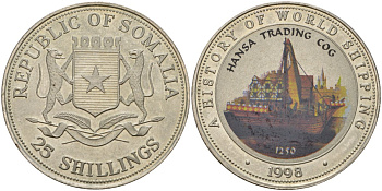 Сомали 25 шиллингов 1998 история мирового судоходства, Hansa Trading Cog KM 54 медно-никель PROOF 11-204-12