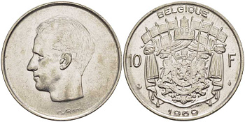 Бельгия 10 франков 1969 Belgique, Бодуэн I (1951-1993) KM 155.1 никель 213-626