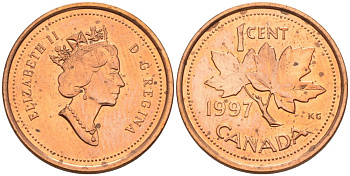 Канада 1 цент 1997 Елизавета II, кленовый лист KM 289 сталь плакированная медью UNC 188-142