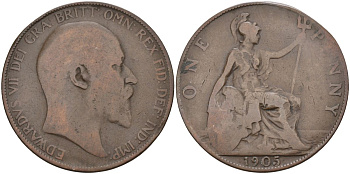 Великобритания 1 пенни 1905 Эдуард VII (1901-1910) KM 794.2, Sp 3990 бронза 4117-731