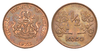 Нигерия 1/2 кобо 1973 KM 7 бронза aUNC 4643-655