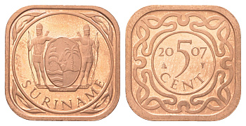 Суринам 5 центов 2007 тираж 1000 экземпляров KM 12b сталь плакированная медью BU 4625-324