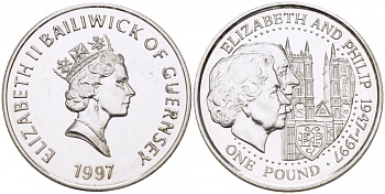 Гернси 1 фунт 1997 Елизавета и Филлип, золотая свадьба KM 70 серебро UNC 650-231