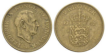 Дания 2 кроны 1952 N, Фредерик IX (1947-1972) KM 838 алюминиевая бронза 4680-221