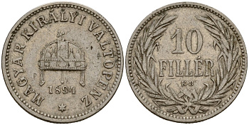 Венгрия 10 филлеров 1894 KB, Франц Иосиф I (1848-1916) KM 482 никель 4154-842