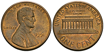 США 1 цент 1991 Линкольн KM 201b цинк плакированный медью 4136-341