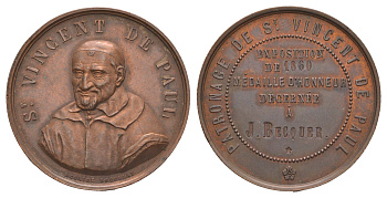 Франция медаль вручаемая Общество Святого Винсента де Поля на выставке 1860 года 1860 Викентий де Поль, диаметр 33 мм, вес 14,2 гр бронза UNC 1516-1245