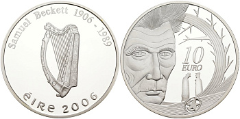 Ирландия 10 евро 2006 100 лет со дня рождения Сэмюэля Беккета, писатель, драматург, нобелевский лауреат KM 45 серебро PROOF 11-345-11