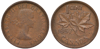 Канада 1 цент 1957 Елизавета II KM 49 бронза 4164-259