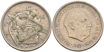 Испания 5 песет 1957 (71) Франсиско Франко (1939-1975) KM 786 медно-никель 4573-927
