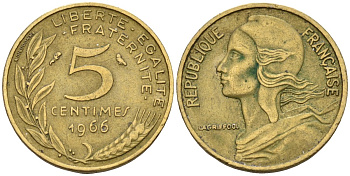 Франция 5 сантимов 1966 KM 933 алюминиевая бронза 4596-647
