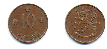 Финляндия 10 пенни 1935 республика (1918-1962) KM 24 медь 51-5455