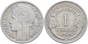 ФРАНЦИЯ 1 ФРАНК 1949 ТИП MORLON, LEGERE KM 885a 1, LE FRANC 221.15 алюминий 186-324