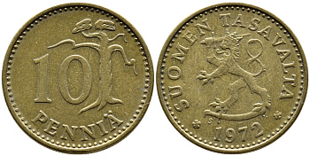 ФИНЛЯНДИЯ 10 ПЕННИ 1972 S KM 46 алюминиевая бронза 75-1668