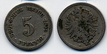 ГЕРМАНИЯ 5 ПФЕННИГОВ 1889 A, СТАРОГЕРБОВКА KM 3, J.3 медно-никель 51-5047