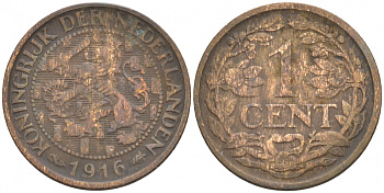 НИДЕРЛАНДЫ 1 ЦЕНТ 1916 ВИЛЬГЕЛЬМИНА KM 152 бронза 44-946