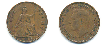 Великобритания 1 пенни 1945 Георг VI (1936-1952) KM 845, Spink 4114 бронза 89-222