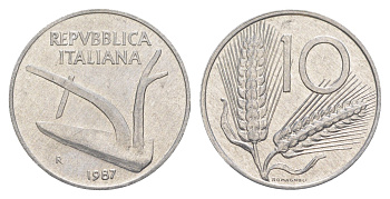 Италия 10 лир 1987 R, плуг, колосья KM 93 алюминий UNC 4551-943