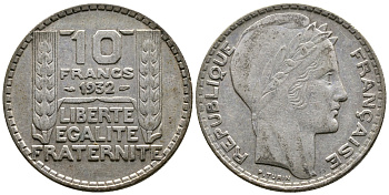 Франция 10 франков 1932 Пьер Тюрен KM 878, Le Franc 360.5 серебро 4683-1033