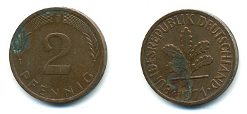 ФРГ 2 пфеннига 1971 D KM 106a, J.381a сталь плакированная медью 3999-1156