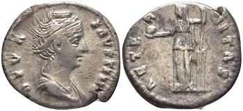 Римская Империя денарий 141 Фаустина Старшая, жена Антонина Пия (посмертная чеканка) DIVA FAVSTINA / AETERNITAS Провиденция со скипетром и сферой, Рим Good Very fine RIC 350a серебро 1073-15-45